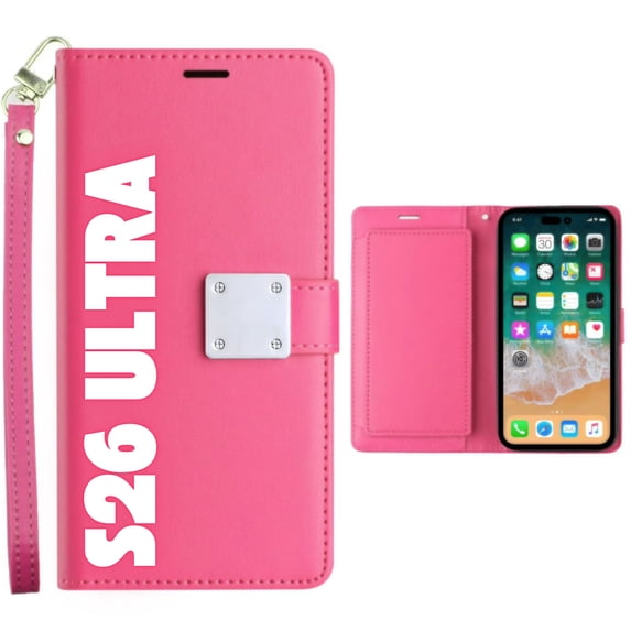 Entronix Foldable Case for Galaxy S26 Ultra, Book Wallet Cover with Cash Card Holder & Lanyard, Hot Pink