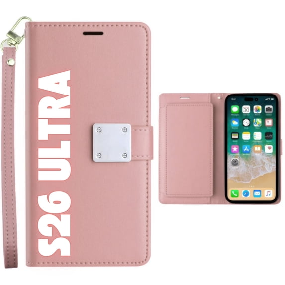 Entronix Foldable Case for Galaxy S26 Ultra, Book Wallet Cover with Cash Card Holder & Lanyard, Rose Pink