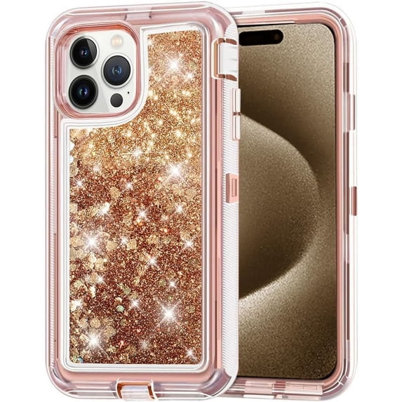 Entronix Heavy Duty Case Compatible with iPhone 15 Pro Max, Liquid Glitter Back Cover, Rose