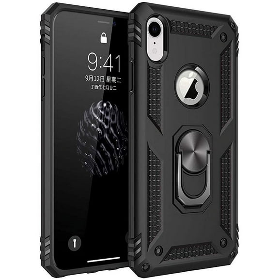 Entronix Heavy Duty Case Designed for iPhone XR, Rotating Ring Protective Cover, Black
