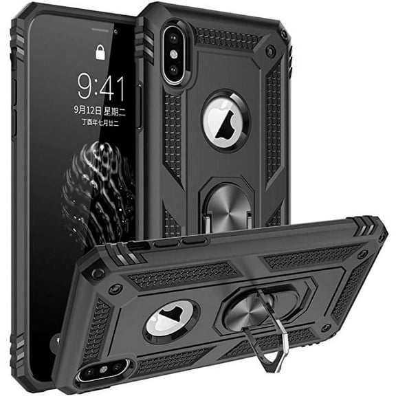 Entronix Heavy Duty Case Designed for iPhone XS Max, Rotating Ring Protective Cover, Black