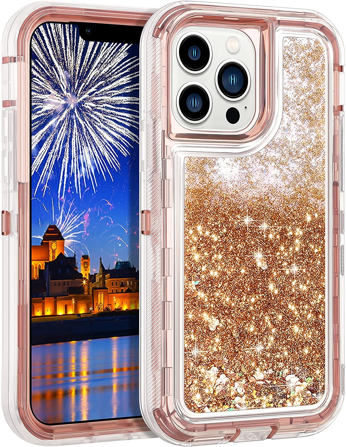 Entronix Heavy Duty Liquid Glitter Case for iPhone 12 Pro Max, Shockproof Soft TPU Cover Rose