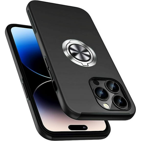 Entronix Heavy Duty Ring Case Designed for iPhone 15 Pro, Shockproof Slim Fit Kickstand, Black