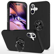 Entronix Heavy Duty Ring Case Designed for iPhone 16 Plus, Shockproof Slim Fit Kickstand, Black
