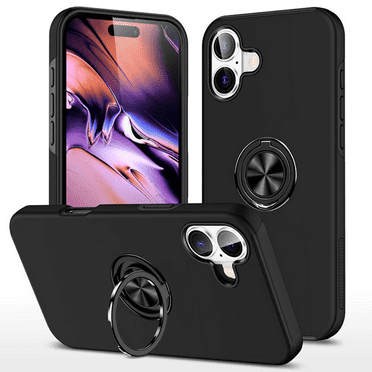 Entronix Heavy Duty Ring Case Designed for iPhone 16 Plus, Shockproof Slim Fit Kickstand, Black