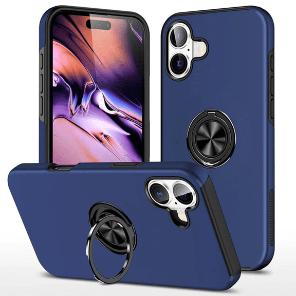 Entronix Heavy Duty Ring Case Designed for iPhone 16 Plus, Shockproof Slim Fit Kickstand, Navy