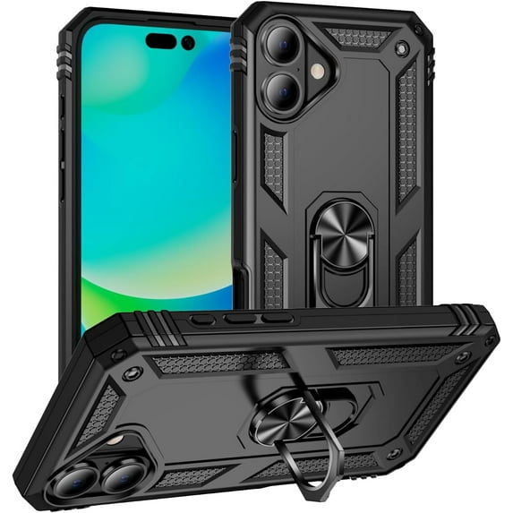 Entronix Heavy Duty Rugged Case for iPhone 16 Plus, Shockproof Kickstand Rotating Ring, Black