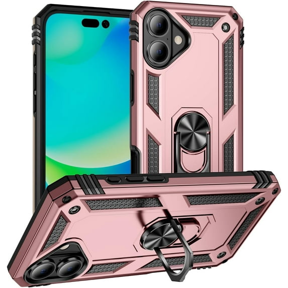 Entronix Heavy Duty Rugged Case for iPhone 16 Plus, Shockproof Kickstand Rotating Ring, Pink