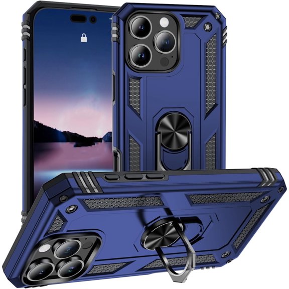 Entronix Heavy Duty Rugged Case for iPhone 16 Pro Max, Shockproof Kickstand Rotating Ring, Navy