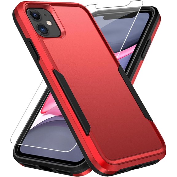 Entronix Heavy Duty Shockproof Cell Phone Case for Apple iPhone 11 with Screen Protector, Red