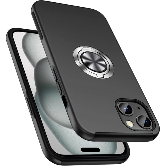 Entronix Protective Case Compatible with iPhone 15, Ring Holder Cover, Black