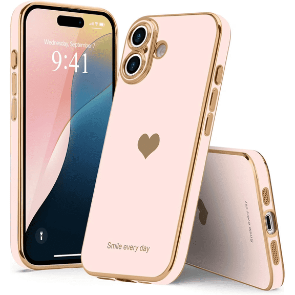 Entronix Love Heart Case Compatible with iPhone 16, Glossy Cute Cover, Rose