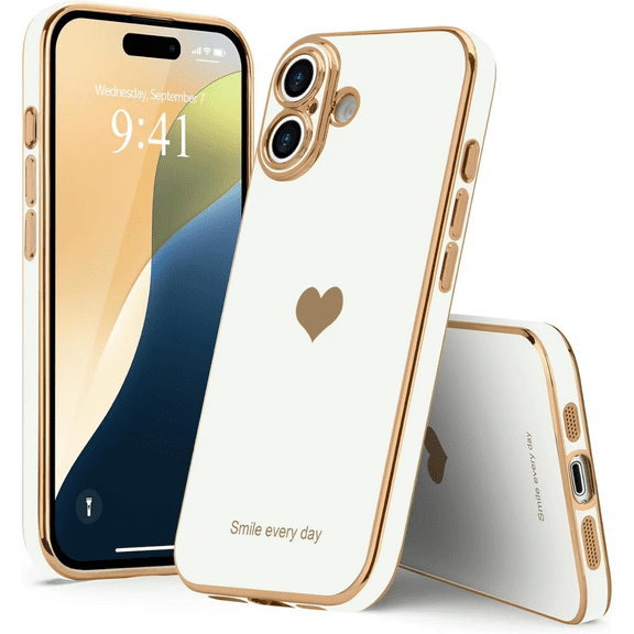 Entronix Love-Heart Luxury Case for Apple iPhone 16 Heart Case, Cute Design Shiny Bling Cover, Soft TPU Slim Shockproof Protective Case for Apple iPhone 16 for Women Girls, White