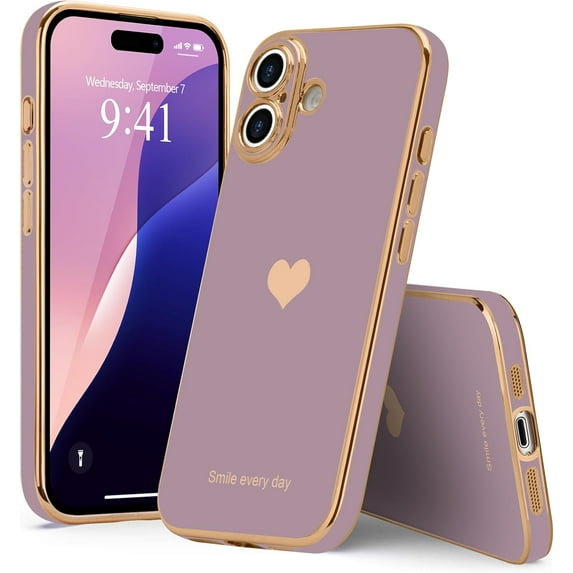 Entronix Love Heart Luxury Case for iPhone 16 Plus, Cute Slim Shockproof Bling Cover, Purple