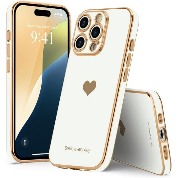 Entronix Love Heart Luxury Case for iPhone 16 Pro Max, Cute Slim Shockproof Bling Cover, White
