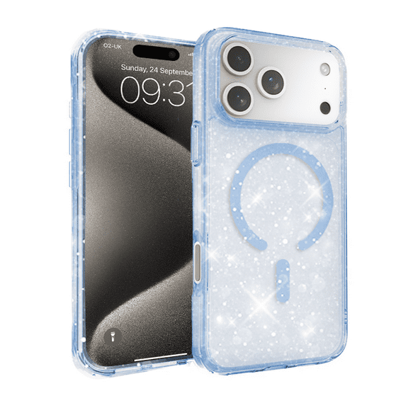Entronix Magnetic Case Compatible with iPhone 17 Pro Max - Hard Clear Back Glitter Cover, Blue