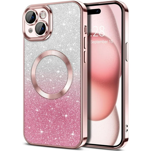 Entronix Magnetic Cell Phone Case for Apple iPhone 15 Plus, Rose/Glitter