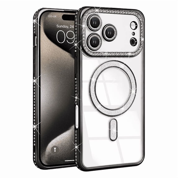 Entronix Magnetic Clear Case Compatible with iPhone 17 Pro Max / iPhone 18 Pro Max, Sparkly Crystal Cover, Black