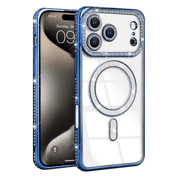 Entronix Magnetic Clear Case Compatible with iPhone 17 Pro / iPhone 18 Pro, Sparkly Crystal Cover, Blue