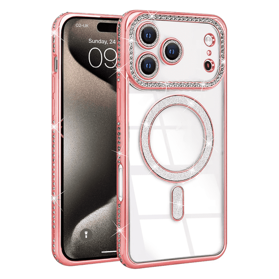 Entronix Magnetic Clear Case Compatible with iPhone 17 Pro / iPhone 18 Pro, Sparkly Crystal Cover, Rose Gold