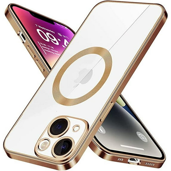Entronix Magnetic Clear Case for iPhone 14 Plus, Slim Fit, Anti-Drop Shockproof, Gold