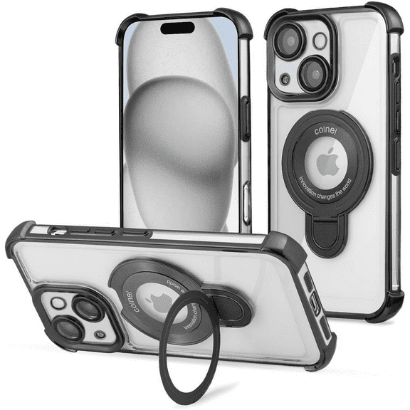 Entronix Magnetic Clear Case for iPhone 15, Built-in Kickstand Ring Shockproof Bumper, Black