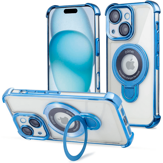 Entronix Magnetic Clear Case for iPhone 15, Built-in Kickstand Ring Shockproof Bumper, Blue