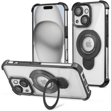 Entronix Magnetic Clear Case for iPhone 15 Plus, Built-in Kickstand Ring Shockproof Bumper, Black
