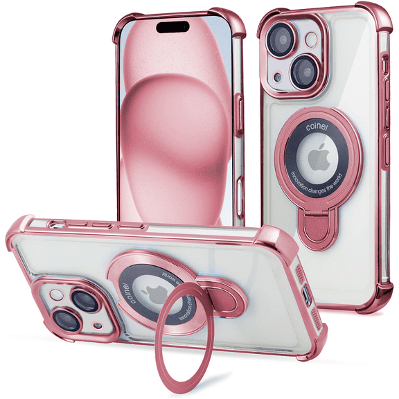 Entronix Magnetic Clear Case for iPhone 15 Plus, Built-in Kickstand Ring Shockproof Bumper, Rose