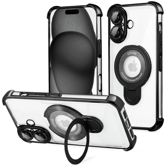 Entronix Magnetic Clear Case for iPhone 16, Built-in Kickstand Ring Shockproof Bumper, Black