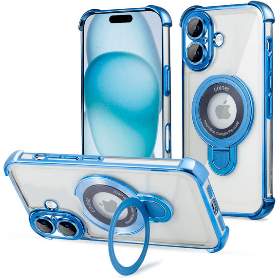 Entronix Magnetic Clear Case for iPhone 16, Built-in Kickstand Ring Shockproof Bumper, Blue