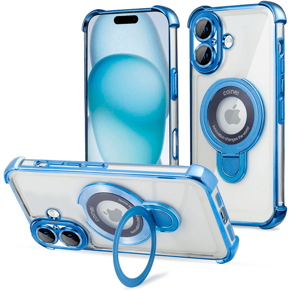 Entronix Magnetic Clear Case for iPhone 16, Built-in Kickstand Ring Shockproof Bumper, Blue