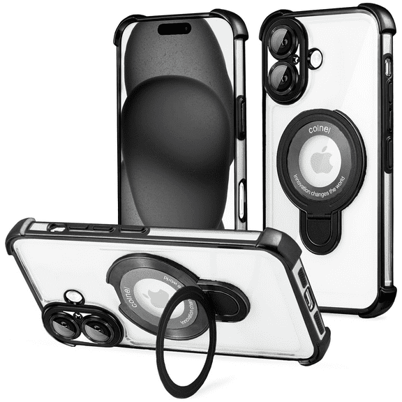 Entronix Magnetic Clear Case for iPhone 16 Plus, Built-in Kickstand Ring Shockproof Bumper, Black