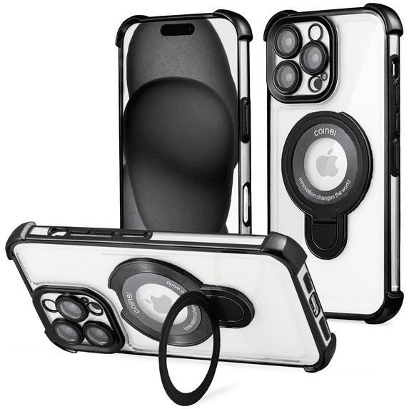 Entronix Magnetic Clear Case for iPhone 16 Pro, Built-in Kickstand Ring Shockproof Bumper, Black