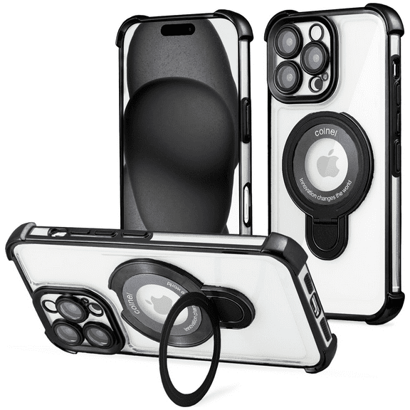 Entronix Magnetic Clear Case for iPhone 16 Pro, Built-in Kickstand Ring Shockproof Bumper, Black
