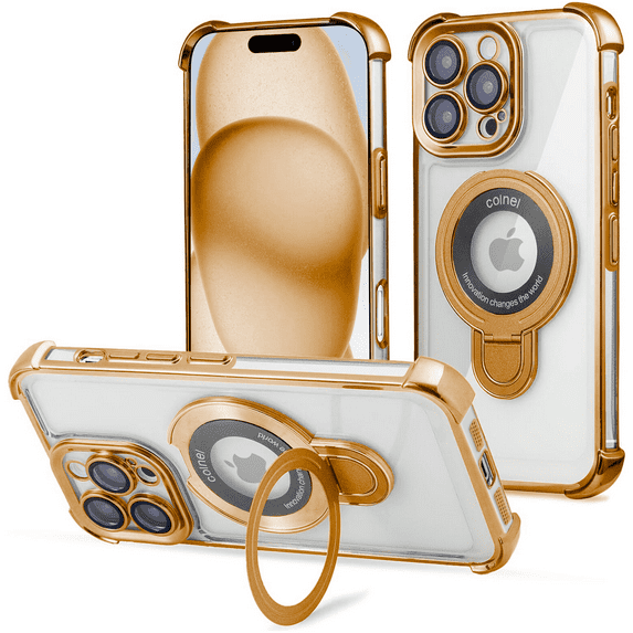 Entronix Magnetic Clear Case for iPhone 16 Pro Max, Built-in Kickstand Ring Shockproof Bumper, Gold