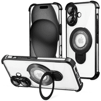 Entronix Magnetic Clear Case for iPhone 17, Built-in Kickstand Ring Shockproof Bumper, Black