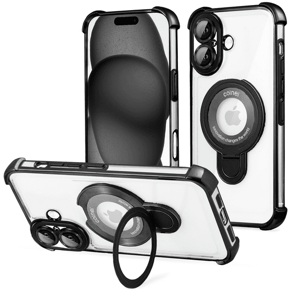 Entronix Magnetic Clear Case for iPhone 17, Built-in Kickstand Ring Shockproof Bumper, Black