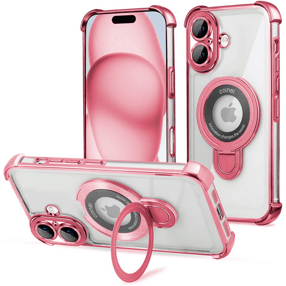 Entronix Magnetic Clear Case for iPhone 17, Built-in Kickstand Ring Shockproof Bumper, Rose