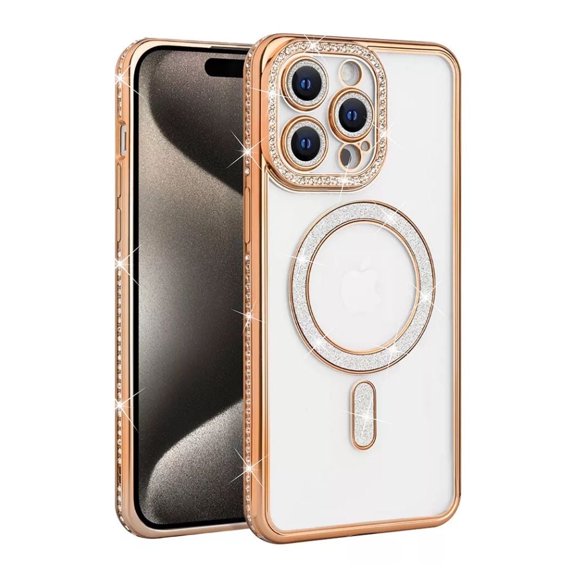 Entronix Magnetic Crystal Case for iPhone 13 Pro Max, Luxury Rhinestone Cute Bumper Cover for Girls, Gold