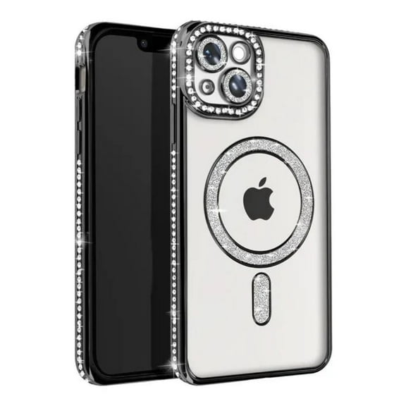 Entronix Magnetic Crystal Case for iPhone 15, Luxury Rhinestone Cute Bumper Cover for Girls, Black