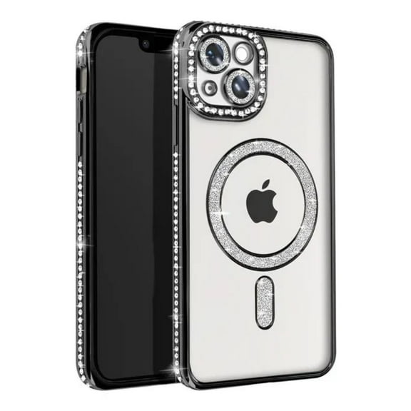 Entronix Magnetic Crystal Case for iPhone 15 Plus, Luxury Rhinestone Cute Bumper Cover for Girls, Black