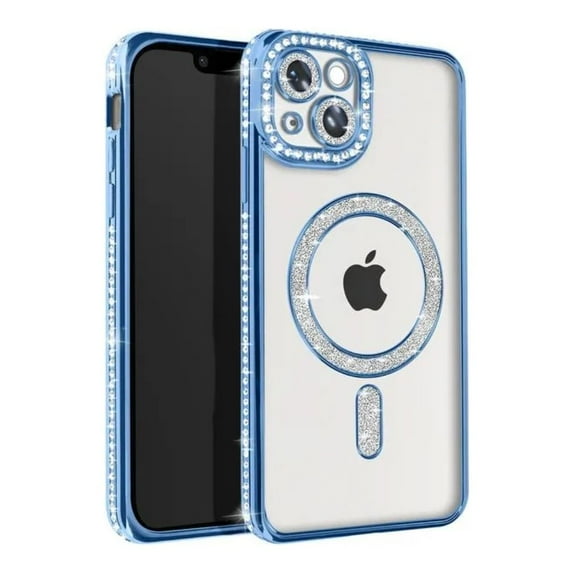 Entronix Magnetic Crystal Case for iPhone 15 Plus, Luxury Rhinestone Cute Bumper Cover for Girls, Blue