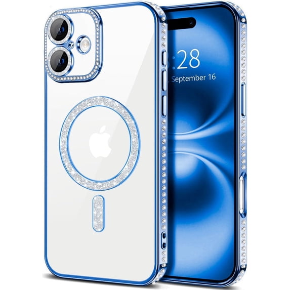 Entronix Magnetic Clear Case Compatible with iPhone 16 Plus, Sparkly Crystal Cover, Blue