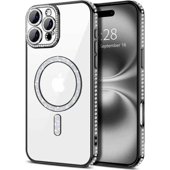 Entronix Magnetic Clear Case Compatible with iPhone 16 Pro Max, Sparkly Crystal Cover, Black