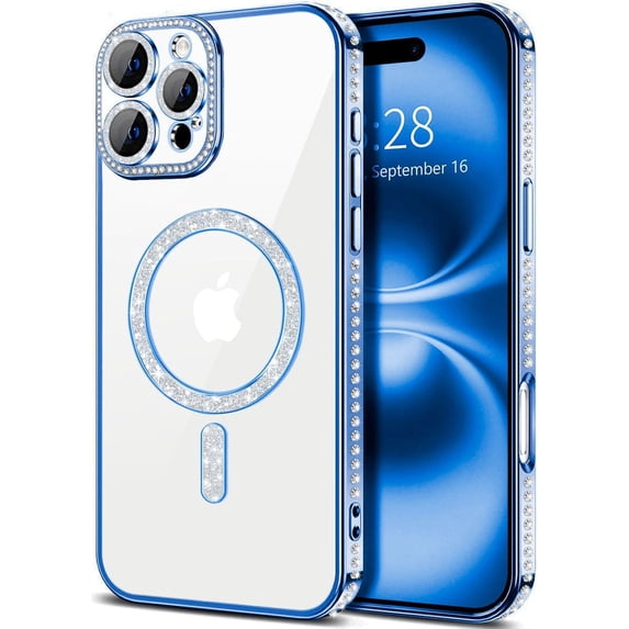 Entronix Magnetic Clear Case Compatible with iPhone 16 Pro Max, Sparkly Crystal Cover, Blue