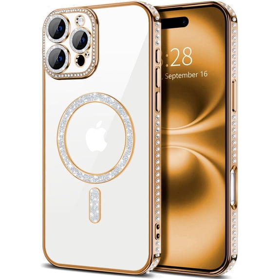 Entronix Magnetic Clear Case Compatible with iPhone 16 Pro Max, Sparkly Crystal Cover, Gold