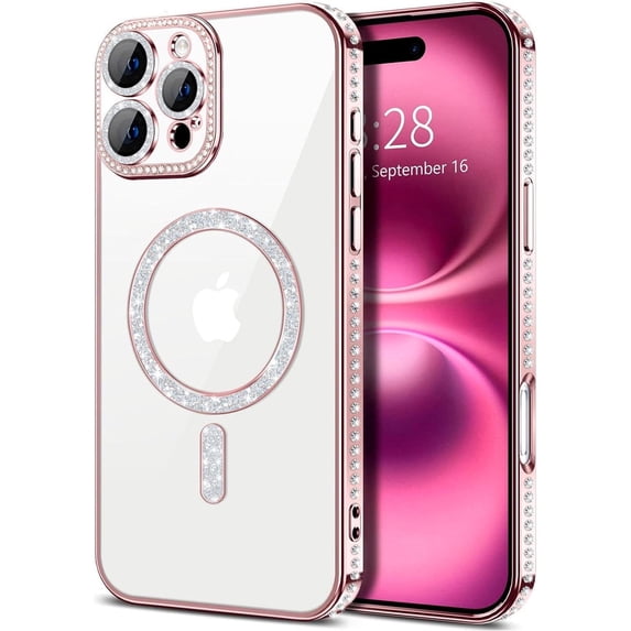 Entronix Magnetic Clear Case Compatible with iPhone 16 Pro Max, Sparkly Crystal Cover, Rose