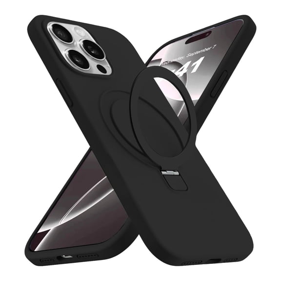 Entronix Magnetic Silicone Case Compatible with iPhone 15 Pro Max, Soft-Touch & Slim Cover with Kickstand, Black