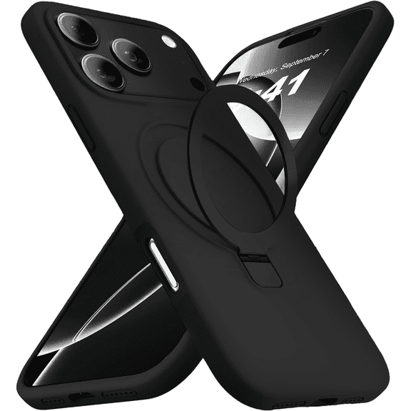 Entronix Magnetic Silicone Case Compatible with iPhone 17 Pro Max / iPhone 18 Pro Max, Protective Cover with Kickstand, Black